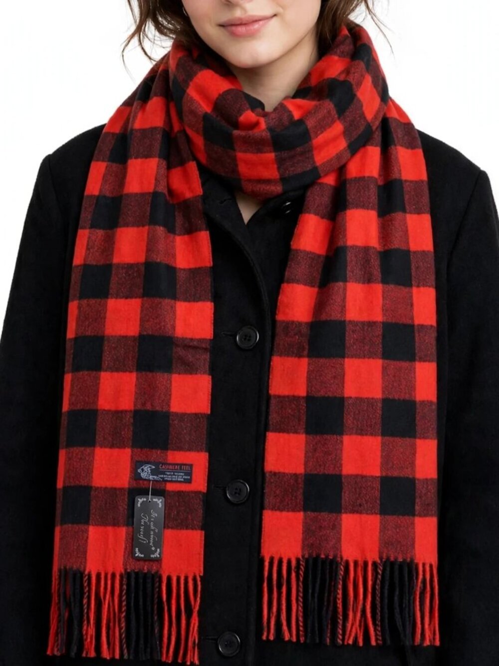 NWT Cashmere Feel Plaid Scarf Red Black Buffalo Check Fringe Winter Warm Unisex
